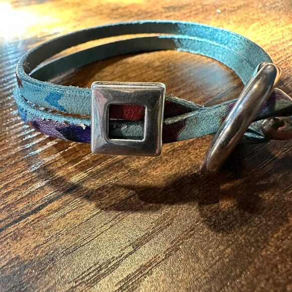 Leather Watercolor Teal Hippie Bracelet, Double Wrap, Belt Buckle Silver Clasp, - Picture 5 of 10